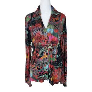 Snoskins Button Up Shirt Collared Vibrant Abstract Blouse Trendy Size Medium
